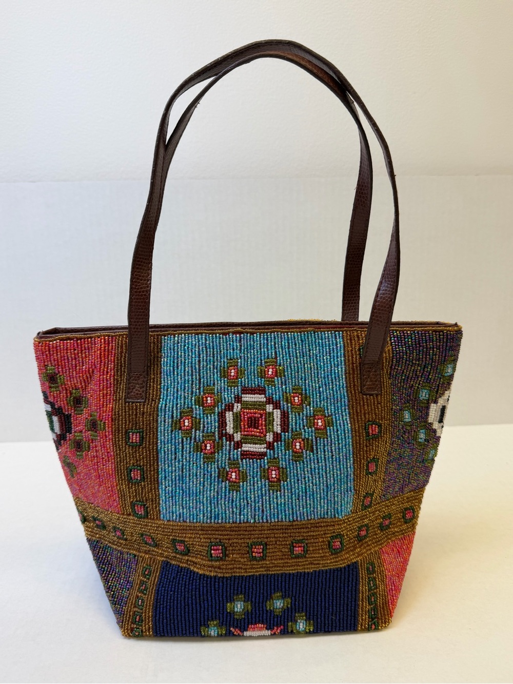 FOLK ART SEED BEADED Multi-Color PURSE Brown Handles (read)